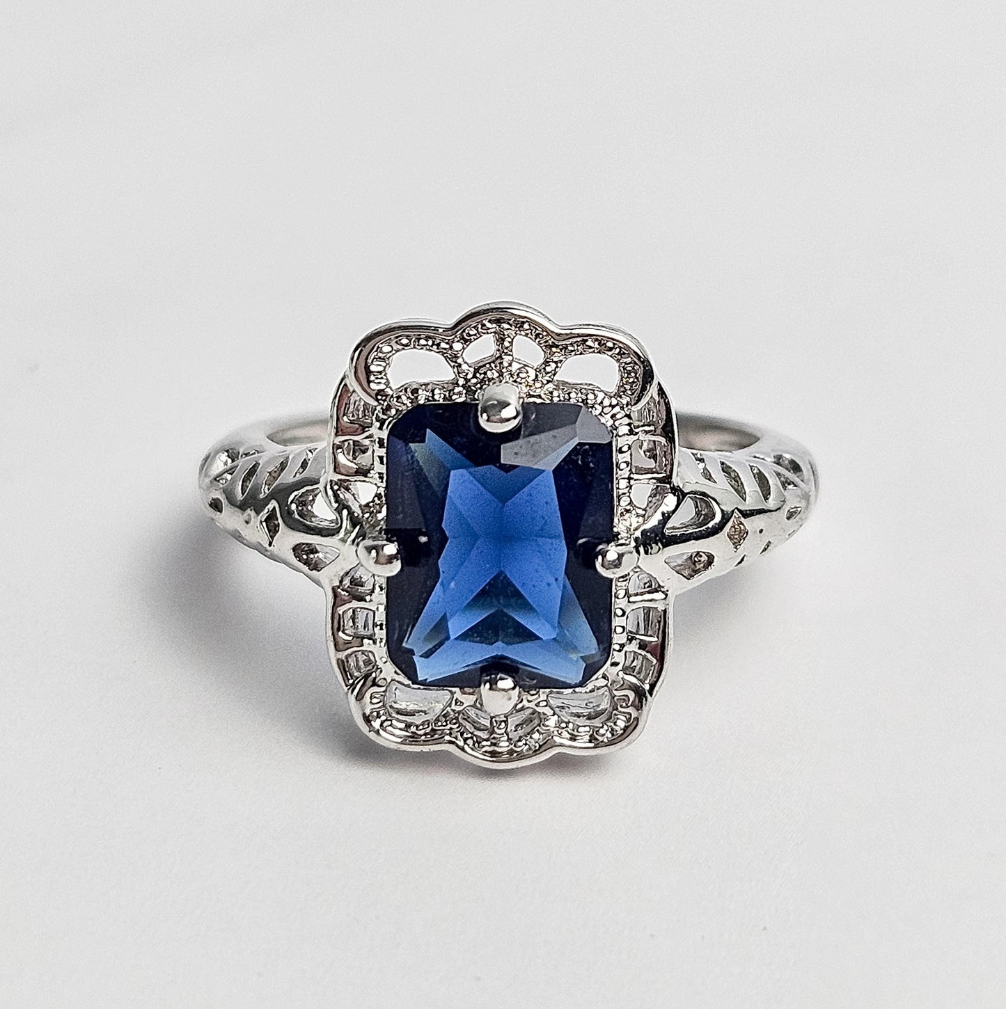 Vintage Blue Sapphire Engagement Ring – Sterling Silver Art Deco Style with Filigree Detailing
