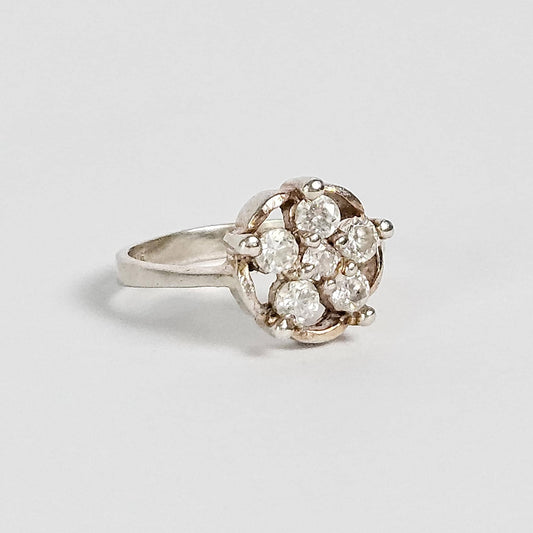 Vintage Cluster Stone Ring – Sterling Silver Floral Design with Round Brilliant Stones, Mid-Century Style, Italy