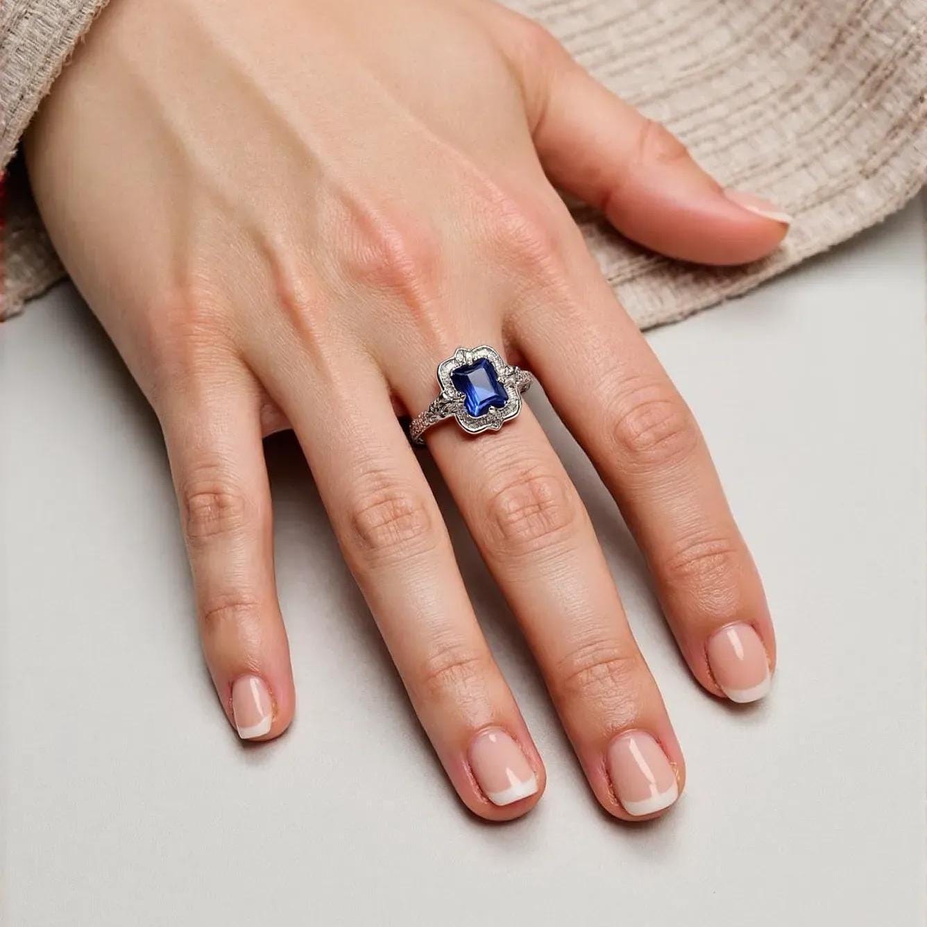 Vintage Blue Sapphire Engagement Ring – Sterling Silver Art Deco Style with Filigree Detailing