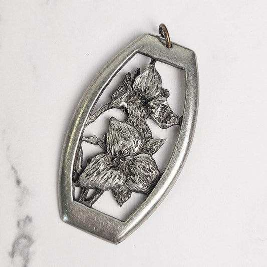 Vintage Floral Pewter Pendant with Artist Signature – Intricate Botanical Design
