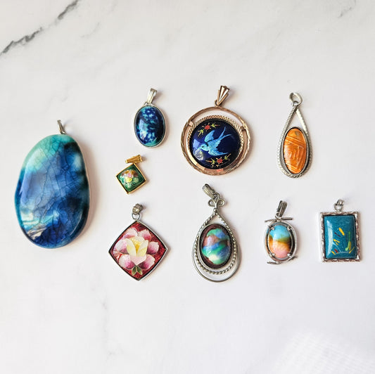 Vintage Pendant Lot – Hand-Painted, Carved, and Art Glass Statement Pieces (Set of 9)