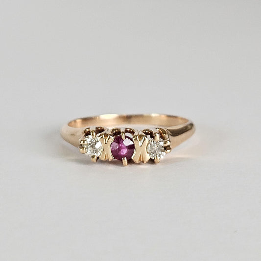 Vintage Ruby & Diamond XO Ring – 15K Yellow Gold – Dainty Stacking Ring – Romantic July Birthstone Gift