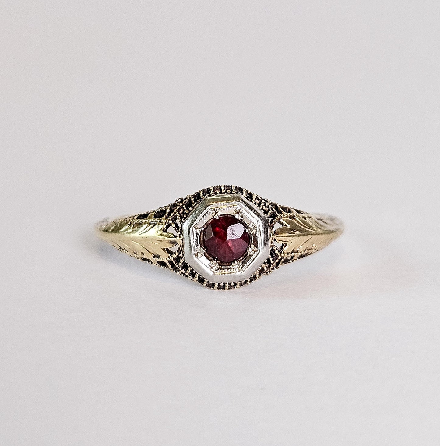Antique Ruby Filigree Ring – 14K Two-Tone Gold – Art Deco Octagon Setting – Intricate Leaf Detail – July Birthstone, Engagement ring