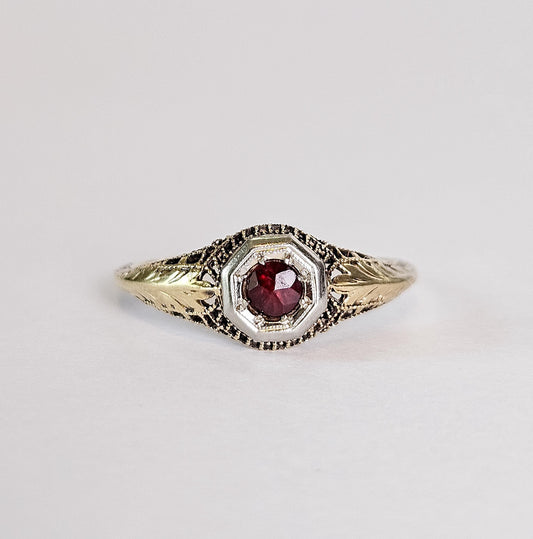 Antique Ruby Filigree Ring – 14K Two-Tone Gold – Art Deco Octagon Setting – Intricate Leaf Detail – July Birthstone, Engagement ring