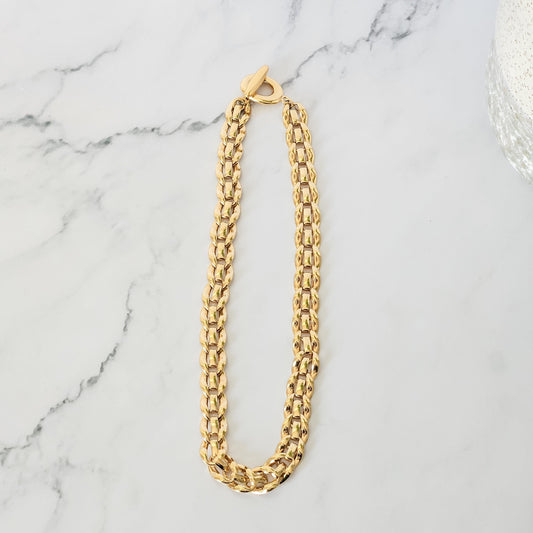 Vintage Gold-Tone Double Chain Necklace with Toggle Clasp – Bold Statement Jewelry