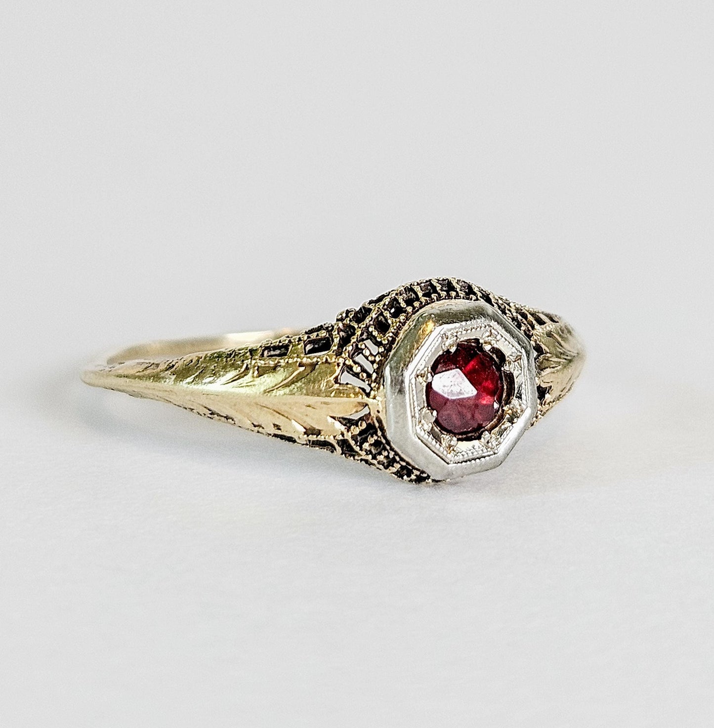 Antique Ruby Filigree Ring – 14K Two-Tone Gold – Art Deco Octagon Setting – Intricate Leaf Detail – July Birthstone, Engagement ring