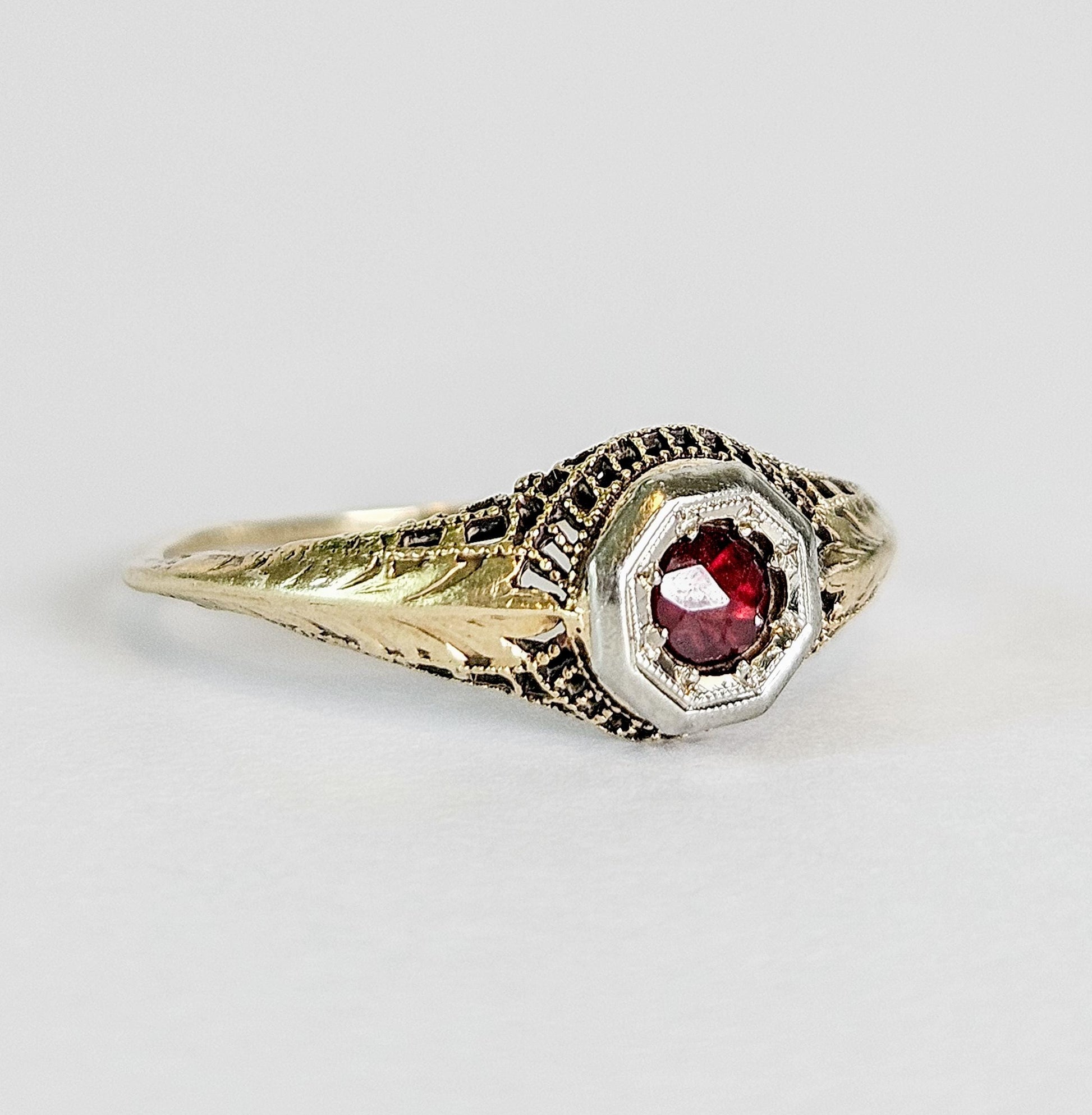 Antique Ruby Filigree Ring – 14K Two-Tone Gold – Art Deco Octagon Setting – Intricate Leaf Detail – July Birthstone, Engagement ring