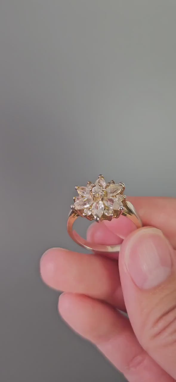 Vintage Flower Ring with CZ, Gold Plated Size 8 Brilliant